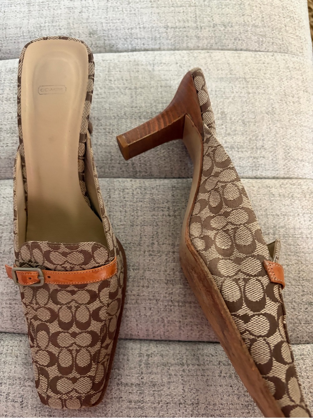 Coach Brown Signature Canvas Mules with Orange Trim - Picture 2 of 3